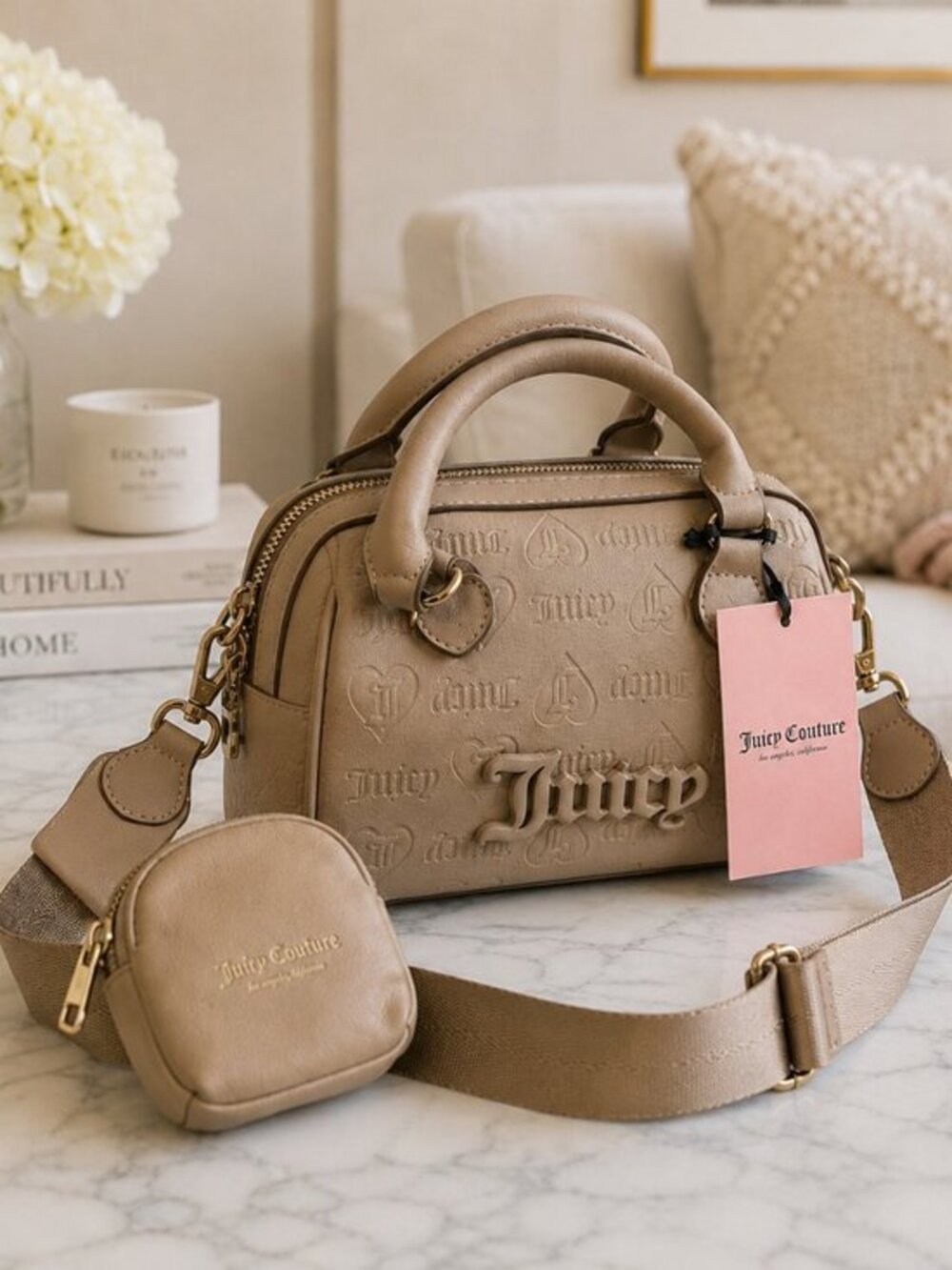 Juicy Couture Semi Charmed Satchel Café Beige Embossed Crossbody Coin Pouch NWT